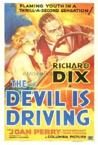 232 DEVIL IS DRIVING linen 1sh '37 classic colorful art of crazed couple driving at high speed!